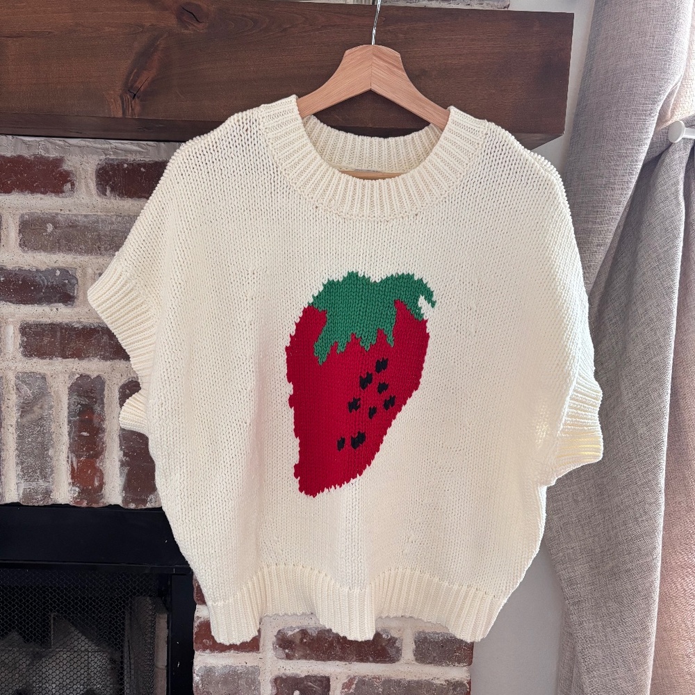 Anthropologie Cream Strawberry-Graphic Knit Sweater - Women's
